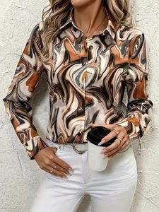 Women's Printed Long Sleeve Button Down Blouse Casual Spring Summer <b>Top</b> Regular Fit Polyester Shirt With Abstract Pattern - Product Image 4
