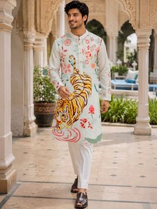 Kurta de Algodón para Hombre con Estampado Floral de Tigre, Corte Regular, Largo hasta la Rodilla, Estilo Tradicional Indio-Pakistaní, Reversible, para Fiestas y Uso Casual - Product Image 3