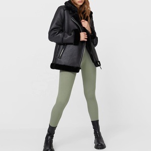 Custom Wholesale Unisex Black Faux <b>Shearling</b> Leather <b>Jacket</b> Winter Warm Motorcycle Aviator Thick Fleece Lined Outerwear Outfits - Product Image 3