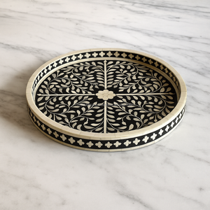 Royal Artisans fait à la main noir blanc rond plateau d'incrustation d'os décoratif servant organisateur de table luxe décor à la maison cadeau - Product Image 5