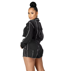 Women's <b>Cropped</b> <b>Denim</b> <b>Jacket</b> Shorts Set Solid Black Washed Raw Edge Casual Streetwear Full Sleeve Turn-down Collar - Product Image 2