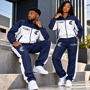 Ensemble de survêtement unisexe bleu marine et blanc, veste zippée intégrale et pantalon, sportif, respirant, en polyester, pour l'automne, vêtements décontractés et actifs, sports de plein air - Product Image 3