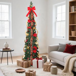 Albero di Natale Artificiale Sottile Pieghevole Pre-Illuminato da 180 cm, Rosso, Pre-Decorato, con Telecomando - Product Image 5