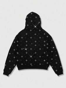 Sudadera con capucha de algodón polar extragrande con cremallera para hombre, con pedrería de estrella negra, estilo urbano, peso pesado, transpirable, para invierno, OEM, marca privada - Product Image 3