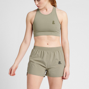 Shorts décontractés pour femme, vert olive, taille haute élastique, séchage rapide, anti-boulochage, tricoté uni, 100% coton, coupe droite, logo sur la jambe droite - Product Image 2