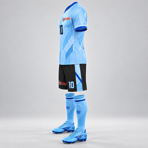 FLYHumble Kit de maillot de football bleu clair et noir à imprimé géométrique, manches courtes, coupe athlétique pour homme, évacuation de l'humidité, toutes saisons - Product Image 3