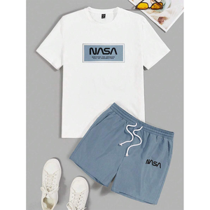 Ensemble décontracté d'été pour homme : T-shirt blanc en coton respirant imprimé et short bleu clair, col rond, tricoté, couleur unie - Product Image 5