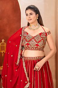 <b>Red</b> Embroidered <b>Sequins</b> Zari Lehenga Choli Dupatta Traditional Indian Wedding Wear for Women Floor-Length Sun Protection Quick - Product Image 2