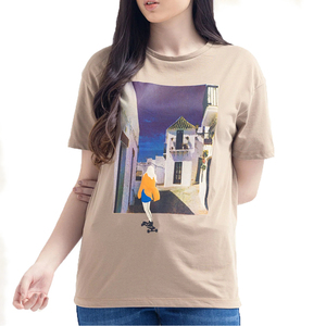 Camiseta de Manga Corta con Cuello Redondo para Mujer, Color Beige, Estampado Digital, Informal, 100% Algodón Jersey, Transpirable, Corte Regular, Primavera Verano - Product Image 1