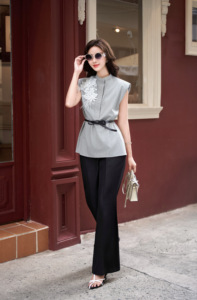 Women's Pinstripe Sleeveless Blouse Floral Lace Applique <b>Feather</b> Embellished Mandarin Collar Office <b>Top</b> Grey TRACY - Product Image 2