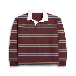 เสื้อโปโลพรีเมียมผ้าคอตตอนถัก 220 GSM สีน้ำตาลแดงลายทางกรมท่า แขนยาว สกรีนโลโก้ได้ตามต้องการ เสื้อโปโลชาย - Product Image 1