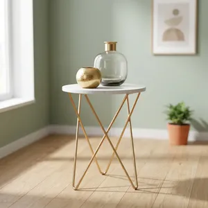 Table d'appoint moderne en fer avec plateau rond en marbre, meuble décoratif minimaliste pour salon et chambre - Product Image 1