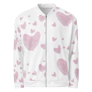 <b>White</b> Bomber <b>Jacket</b> With Pink Heart Print Unisex Casual Spring Cotton Pullover <b>Jacket</b> Regular Fit Turn-down Collar - Product Image 4