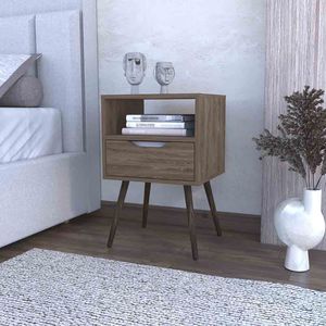 Comodino a cassetto singolo Fugaz con ripiano aperto con finitura noce scuro - Product Image 1