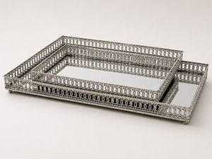 Metal Decorative Tray Set <b>Rectangle</b> Abstract Pattern Traditional Design 2Pcs <b>Mirror</b> Surface Standing Organizer Ramadan Diwali - Product Image 5