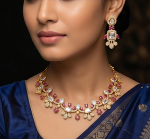 Divyor - Juego de Collar y Pendientes de Cobre Chapado en Oro con Circonitas, Diseño de Flor con Corte Princesa, Joyería de Boda Certificada, Clásico para Mujer - Product Image 3