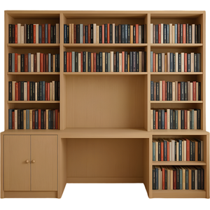 Ensemble de bibliothèque et bureau en bois de teck de style Japandi moderne, avec étagères flottantes à plusieurs niveaux - Product Image 1