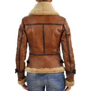 เสื้อแจ็คเก็ตนักบินหนังแกะสไตล์วินเทจสำหรับผู้หญิง สีน้ำตาล - Product Image 2
