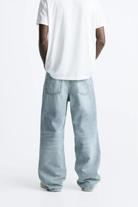 Jean baggy en denim délavé ultra large pour homme, bleu clair, coupe droite, en coton lavé, streetwear épais, grandes tailles - Product Image 2