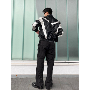 Men's Black Silver Leather <b>Jacket</b> Full Sleeve Color Blocked Windproof Racing Wear All Seasons <b>Motorcycle</b> Style - Product Image 4
