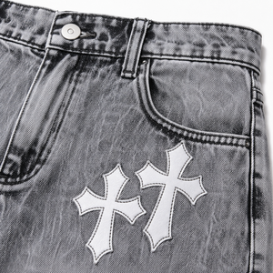 Pantalones Cortos Vaqueros Personalizados con Estampado Cruzado para Hombre, Estilo Vintage Lavado, Holgados, Streetwear, OEM ODM, Marca Privada, Venta al por Mayor - Product Image 6