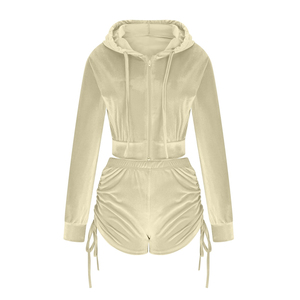 Women's Winter Casual 2-Piece Solid Velvet <b>Knitted</b> <b>Set</b> Zipper Crop Hoodie Above-Knee Skinny Fit Shorts Quick Dry - Product Image 4