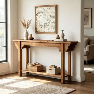 Consolle Lunga in Stile Wabi-Sabi Tradizionale, Tavolo Laterale in Legno di Teak e Marmo per Ingresso, Magazzino, Casa, Appartamento, Hotel - Product Image 4
