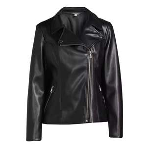 Chaqueta de Motociclista de Cuero PU para Mujer, Cuello Alto, Manga Larga, Cierre de Cremallera, Color Sólido, Otoño - Product Image 4