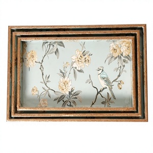 Juego de bandejas de lujo bohemias con diseño floral esmaltado y marco de madera artesanal, bandejas rectangulares decorativas para el hogar y la cocina - Product Image 1