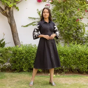 Women Black Embroidered Shirt Dress Collared Three Quarter Flare Sleeve Button Front A Line Midi Dress Floral Leaf Design Casual - Product Image 1