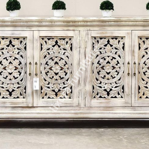 Consola de TV de Madera Maciza Hecha a Mano con Tallado de Mandala Ornamentado, Acabado Blanqueado, Muebles Rústicos para Sala de Estar - Product Image 5