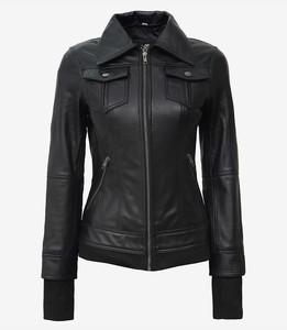 Chaqueta Bomber de Cuero Genuino para Mujer, con Capucha Desmontable, Negra, Corte Ajustado, Estilo Moto, Teñido Satinado, Impermeable, Resistente al Viento, Personalizable OEM, Venta al Por Mayor - Product Image 2