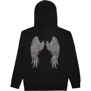 Men <b>Black</b> Hooded Sweatshirt Rhinestone Angel Wings Print Casual <b>Zip</b> Up <b>Hoodie</b> Regular Fit Autumn Streetwear - Product Image 1