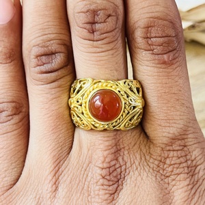 Nouvelle Arrivée Bagues en Cornaline, Bande en Filigrane Tribal, Bague Bohème en Laiton pour Femme, Plaqué Or 18 carats, Bijoux Ethniques Tendance, Vente en Gros - Product Image 4