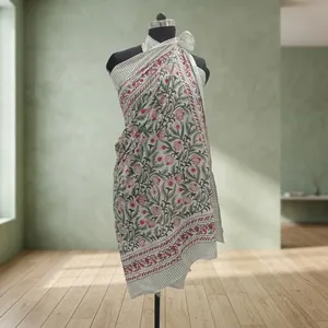 White Pink Floral Hand Block Printed Cotton Sarong Scarf with Green Vine Border Lightweight <b>Beach</b> <b>Wrap</b> Stole for Women - Product Image 4