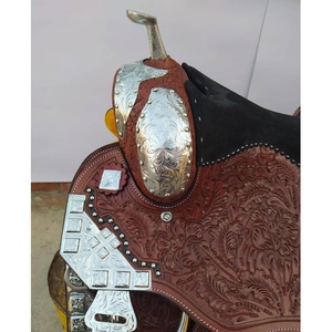 Silla de montar western DD de cuero marrón con diseño floral tallado a mano y estampados plateados, asiento cómodo de gamuza negra, de 10 a 18 pulgadas, LLT - Product Image 5