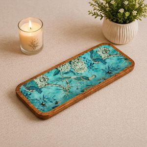 Plateau de service en bois de manguier imprimé camélia, idéal pour les collations, les fruits et les desserts, artisanal, élégant et décoratif pour hôtel et café - Product Image 5