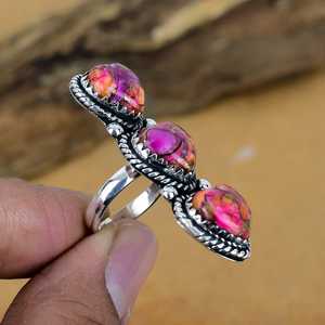 Anillo de Corazón de Plata de Ley 925 Hecho a Mano al por Mayor con Tres Piedras de Cobre Rosa y Turquesa, Joyería de Gema Opaca de Alta Calidad - Product Image 6