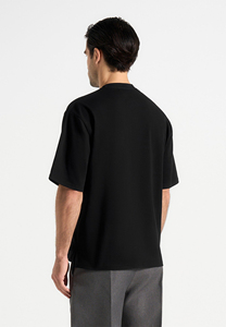 T-shirt en jersey de coton noir surdimensionné pour homme, manches courtes, col rond, décontracté, couleur unie, tricoté, coupe ajustée - Product Image 2