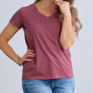 T-shirt pull-over à col en V et manches courtes pour femme, coupe classique, en jersey tricoté, avec logo personnalisé, ourlet droit tendance, séchage rapide - Product Image 4