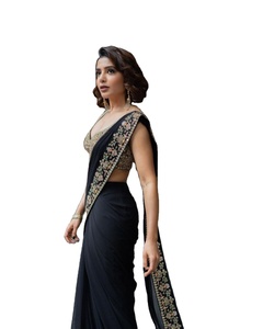 Bollywood Design Georgette Saree Trendy Hand Drawn Print Beautiful Embroidered <b>Viscose</b> Blouse for Adults' Party Wedding Wear - Product Image 1