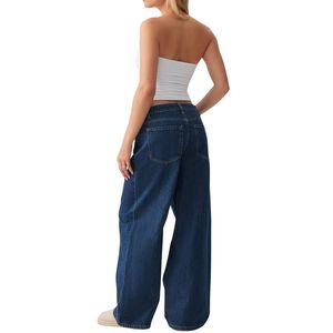 Jean en denim bleu foncé vintage pour femme, coupe large, taille haute, style décontracté urbain, vente en gros, personnalisation OEM - Product Image 4
