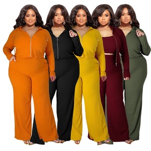 Autumn Women's Casual Tracksuit Plus Size L-5XL Solid Ribbed Long Sleeve <b>Zip</b> <b>Hooded</b> Crop Jacket Wide Leg Joggers Pants 2 Piece - Product Image 6