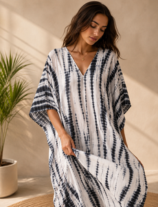 Black <b>White</b> Tie Dye Eco-Friendly Cotton Kaftan <b>Maxi</b> Dress V Neck Modern Bohemian Party Wear Kimono Robe - Product Image 3