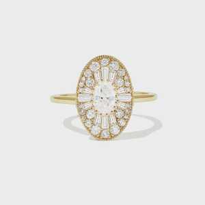 Bague de fiançailles personnalisée en or massif 14k 18k avec diamant de laboratoire taille baguette ovale et ronde, style Art Déco, monture halo, pour mariage, vintage, vente en gros - Product Image 1