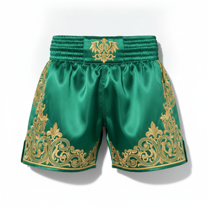 Shorts de boxe en soie verte avec broderie dorée, coupe classique, vêtements d'arts martiaux pour hommes, taille adulte, design brodé à la main - Product Image 5