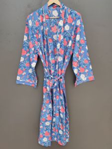 Bata Kimono de Algodón Transpirable con Estampado Floral Azul, Cinturón, Manga Larga, Largo Completo, Informal, para Mujer, Tejido Suave - Product Image 1