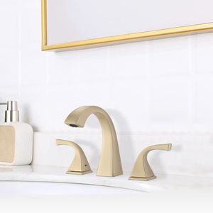 Rubinetto per Lavabo Bagno a 2 Maniglie in Oro Spazzolato con Scarico, Rubinetti Premium per Lavabo - Product Image 6