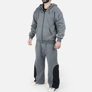 Conjunto de chándal para hombre, corte regular, 100% algodón, forro polar técnico de invierno, jogger de pierna ancha, sudadera con capucha con diseño de parches, traje de gimnasio de peso pesado - Product Image 2