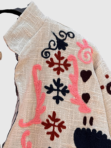 Hand Embroidered Floral Linen Jacket With Mandarin Collar Full Sleeve Plus Size Women'<b>s</b> Prairie Chic Spring Wear - Product Image 3